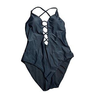 NWT BECCA by Rebecca Virtue Black Caged One Piece Swimsuit Criss-Cross L